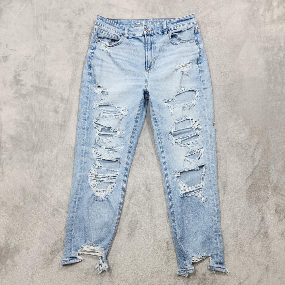 American Eagle Jeans Womens 10 Blue High Rise Mom Distressed Stretch Denim